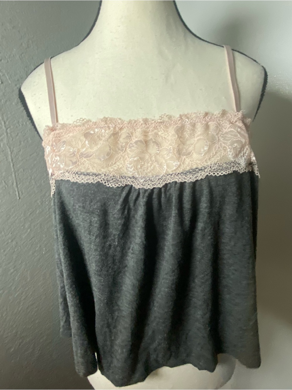 Adore Me Grey Jersey & Baby Pink Pink Lace Cropped Tank Top